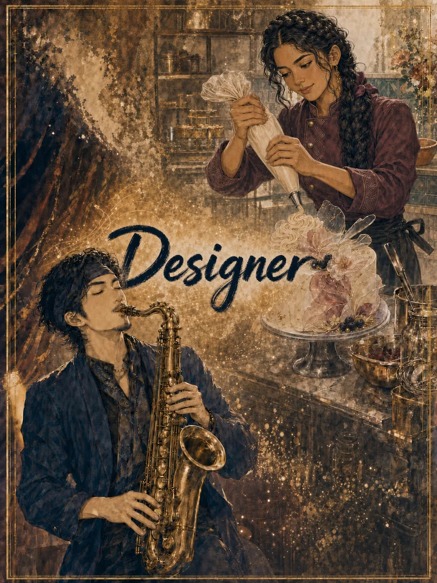 Designer (食神) character card — jazz saxophonist and pastry chef
